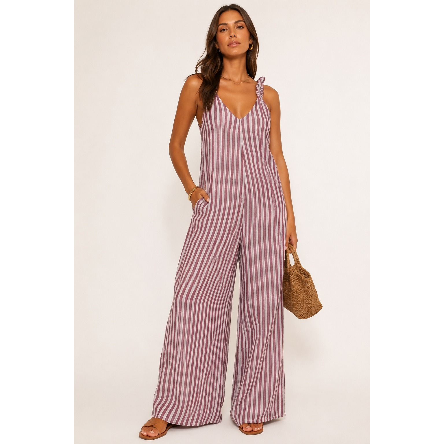 La Bottega Di Brunella Jumpsuit Womens S Red Striped 100% Linen Wide Leg Italy